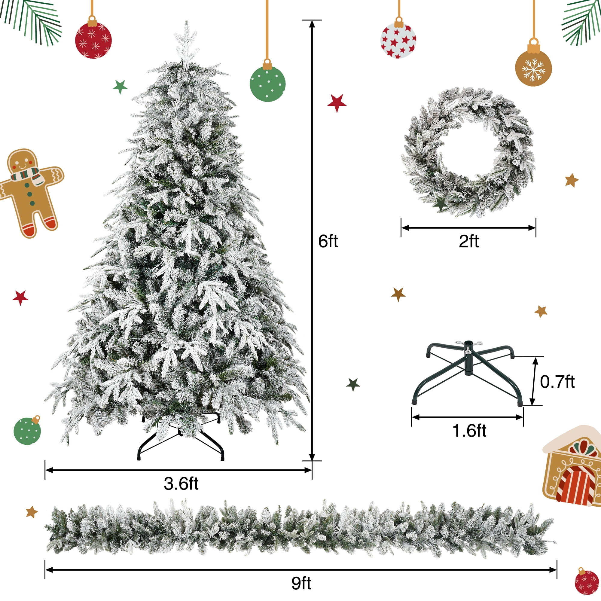Euroco Christmas Snow Flocked Wreath with Xmas Snow Garland and Snow Xmas Tree, 3 Pac Snowy Flocked Christmas Decor with Warm LED Lights, 9ft Flocked Garland, Flocked Wreath, 6ft Flocked Tree