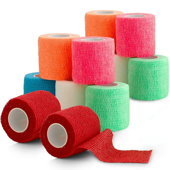 12 Pack, Self Adherent Cohesive Tape - 2” x 5 Yards, Self Adhesive Bandage Rolls and Vet Wrap, Sports Athletic Wraps for Elbow Ankle, Wrist, Knee Sprains and Swelling (Assorted Neon Colors)