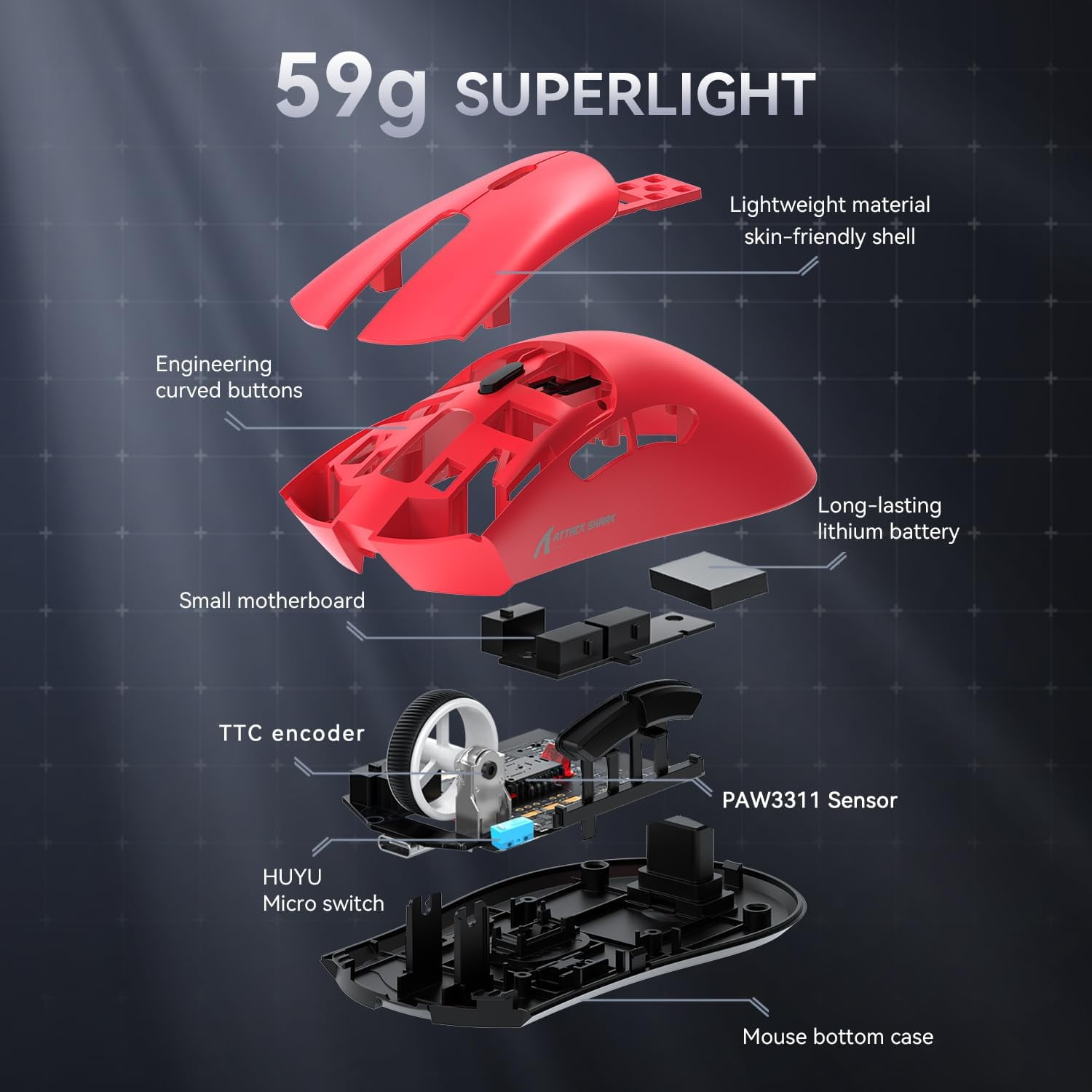 ATTACK SHARK R1 SUPERLIGHT Mouse with Tape, PixArt PAW3311 Gaming Sensor, BT/2.4G Wireless/Wired Gaming Mouse, 6 Adjustable DPI up to 18000, 65 Hrs Battery, Office Mice for Win11/Xbox/PS/Mac