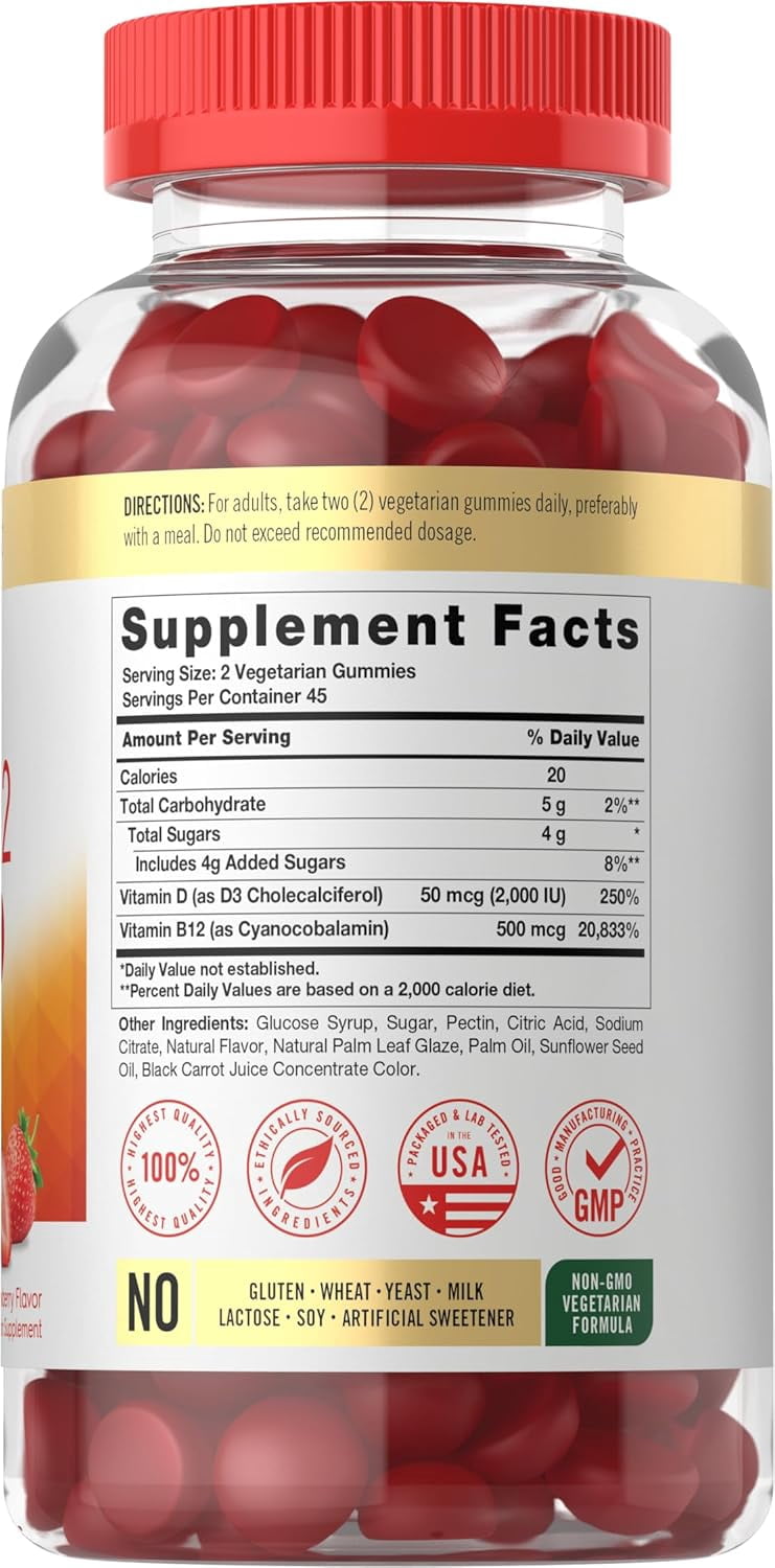 Vitamin D3 + B12 Complex | 90 Vegetarian Gummies | Strawberry Flavor | by Carlyle