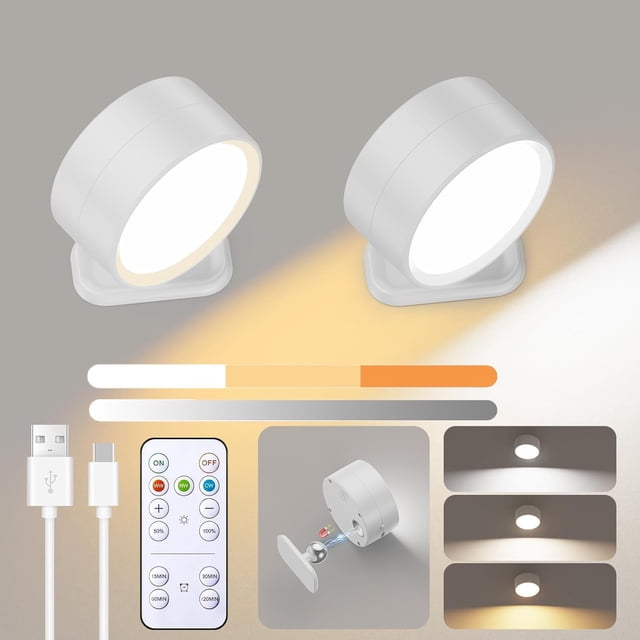2 Pack Aplique de pared LED, luminaria de montaje en pared recargable con 2200mAh pilas, 3 colores y 3 niveles de brillo, bola magnética giratoria 360°, para dormitorios estudio