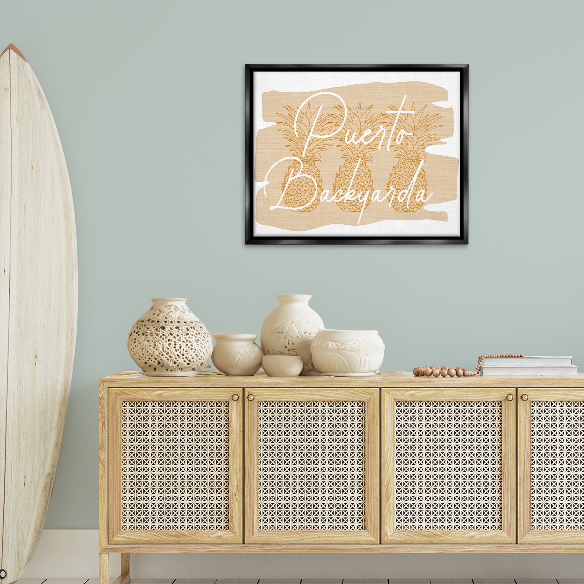 Stupell Industries Puerto Backyarda Phrase Food & Beverage Painting Black Floater Framed Canvas Art Print Wall Art, 31 x 25
