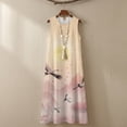 thumbnail image 6 of Jiueut Watercolor Mountain Crane Bird Print Casual Maxi Dress for Women, Sleeveless Summer Long Dress, Linen Look Flowy Dresses with Pockets, Loose Fit Crewneck Vacation Resort Wear, M, 6 of 7