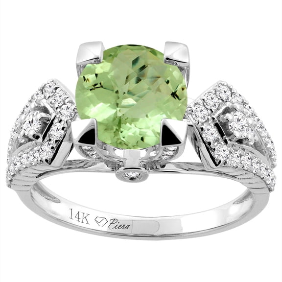 14K White Gold Natural Peridot Ring Round 7 mm Diamond Accents, size 9