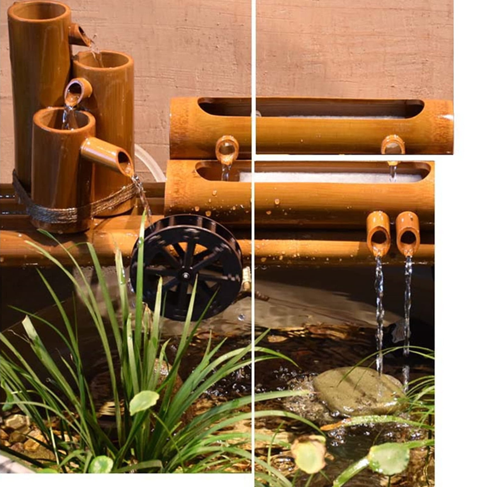 12" Bamboo Fountain Kit with Pump & Solar Powered Water Fountain with Water Wheel for Feng Shui Zen Indoor Outdoor Garden Patio