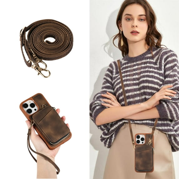 Allytech Zipper Wallet Case for iPhone 14 Pro, Handbag Phone Case Cover with Card Holder & Crossbody Shoulder Lanyard Strap & Wrist Strap for Women Men for Apple iPhone 14 Pro 5G 6.1" 2022, Brown