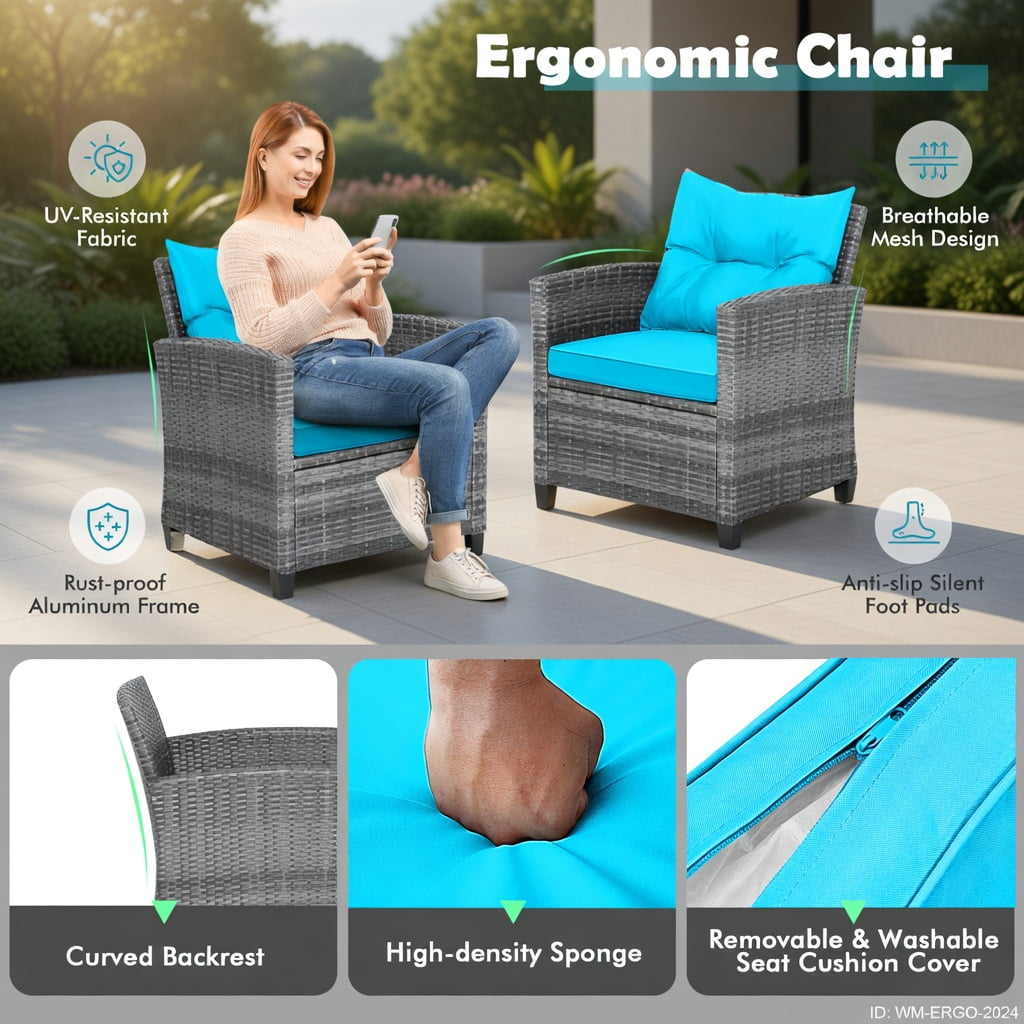 Hommoo 3-Piece Outdoor Wicker Conversation Set, Tempered Glass Coffee Table & 2 Armchairs with Removable Cushions, PE Rattan & Steel Frame, Turquoise