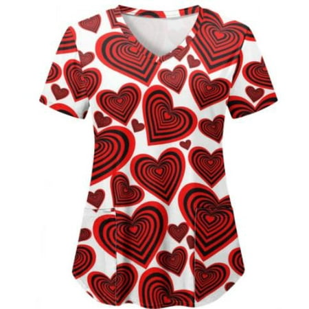 

ZIYIXIN Valentine s Day Scrubs Tops Women Nurse Working Uniforms Love Heart Print V Neck Short Sleeve Medical Scrub Shirts