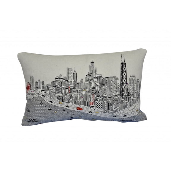 24" White Chicago Daylight Skyline Lumbar Decorative Pillow