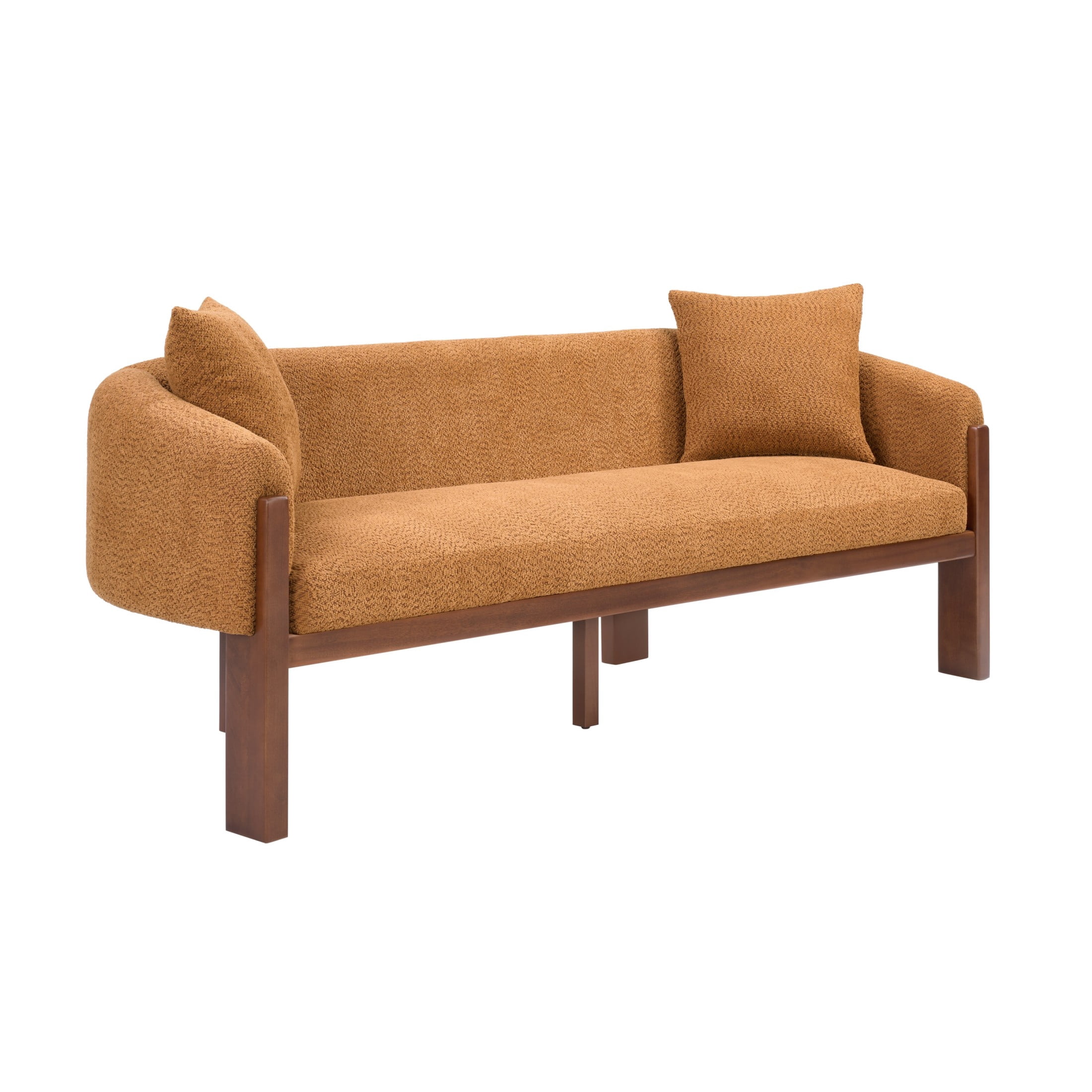 Christopher Knight Home 84.5" Modern Boucle Sofa with Throw Pillows, Seats 3, Wood Legs, Caramel