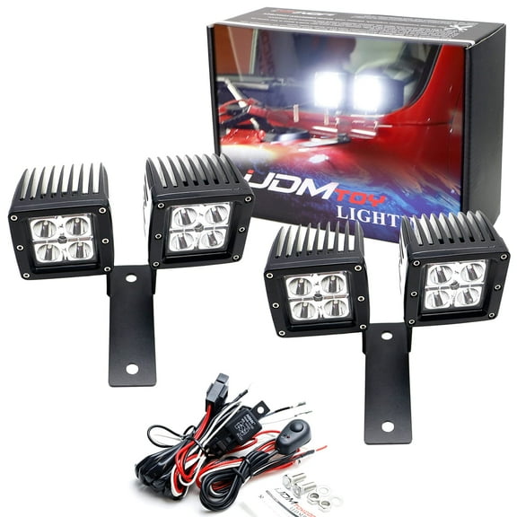 A-Pillar Dual LED Pod Light Kit For Jeep 2018-up Wrangler JL, Includes (4) 20W High Power LED Cubes, Windshield A-Pillar Mounting Brackets & On/Off Switch Wiring Kit