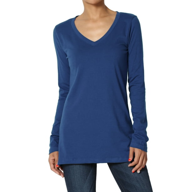 TheMogan Women's PLUS V-Neck Long Sleeve Top Stretch Cotton Relaxed ...