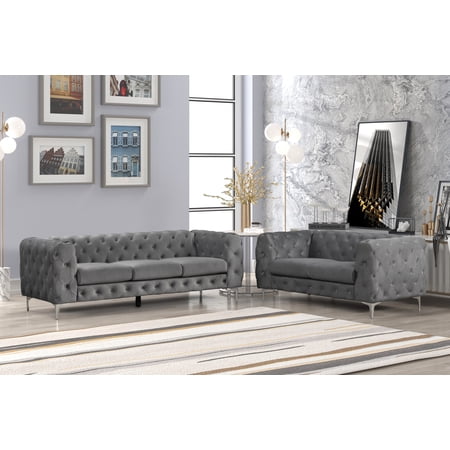 Capri 2- Pieces Button Tufted Gray Velvet Fabric Living room Set - 1 Sofa and 1 Loveseat