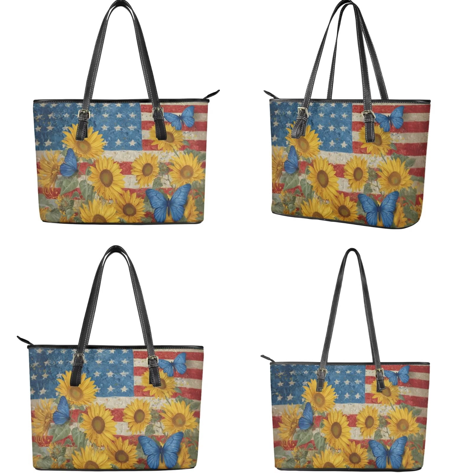TSOVTHRID Handbag and Wallet Set for Womens Tote Bag with Matching Wristlet Wallet Pu Leather Top Handle Handbag Satchel Purse for Shopping Walking, American Flag Sunflower Butterfly Print