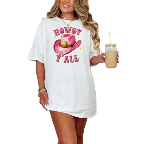 Howdy Y'all T-Shirt, Cute Pink Cowboy Hat Graphic Tee, Fun Western Wear, Trendy Southern Style, Casual Country Fashion Shirt, White Comfort Colors T-Shirt, Small