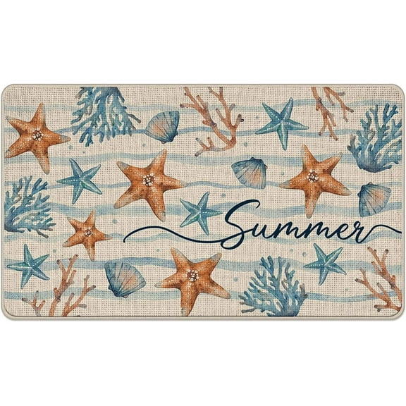 Summer Starfish Shell Coral Decorative Front Door Mat, Beach Coastal Wave Stripes Doormat Indoor Outdoor Non-Slip Floor Entryway Rug, Nautical Seasonal Home Kitchen Decoration 17x30 Inch