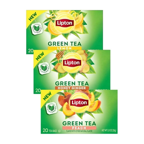 Lipton Green Tea Variety Pack – Honey Ginger, Lemon, and Peach Green Tea, 20 Tea Bags Each (Total 60 Count), Flavored Green Tea Bags