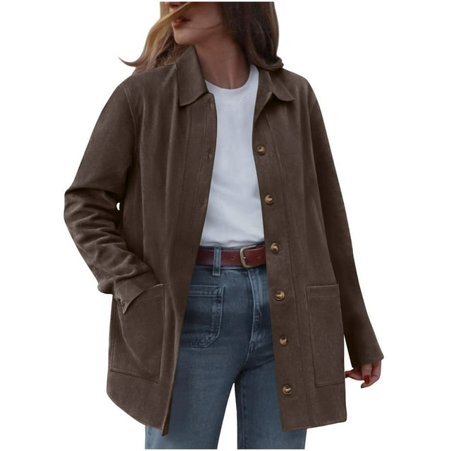 WRKEKC Veste en Faux Suède pour Femmes Manches Longues Boutonnée devant Manteau Court d'Hiver pour Femmes Looks pour Temps Froid