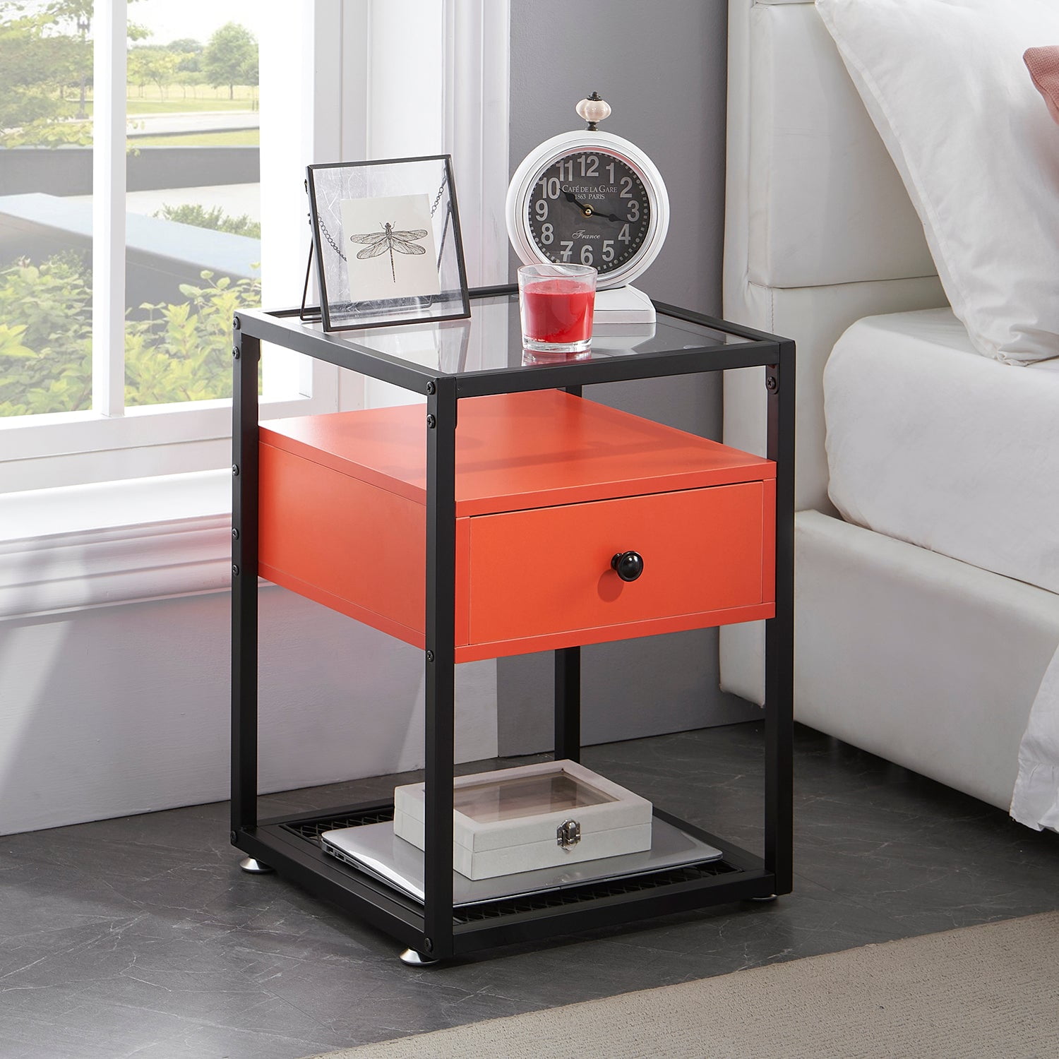 VECELO Modern Nightstand with Drawer and Shelf, Tempered Glass Top Side