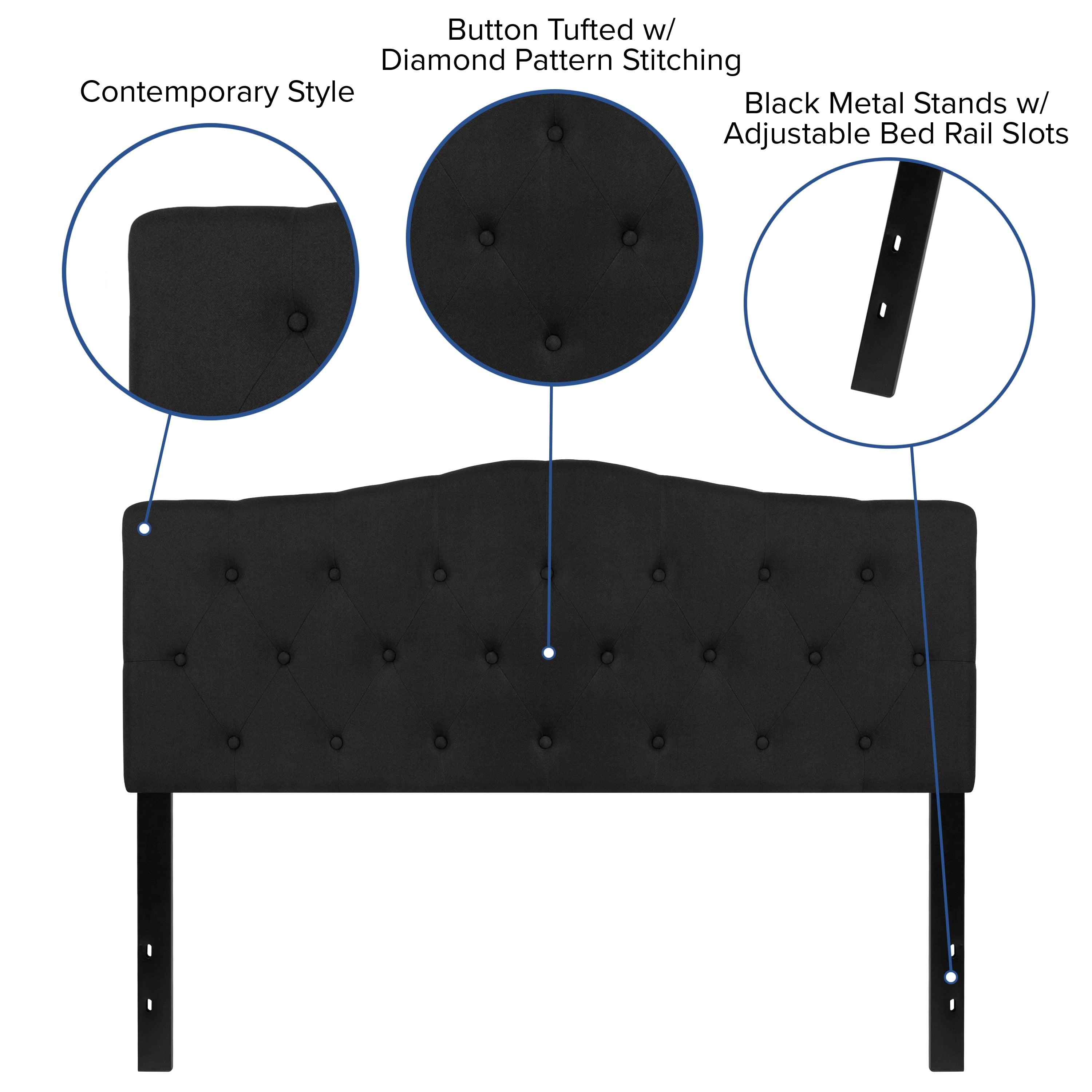 BizChair Arched Button Tufted Upholstered Queen Size Headboard in Black Fabric