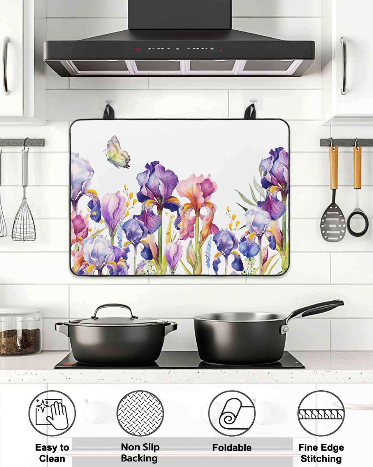 Stove Top Covers for Electric Stove, Watercolor Purple Floral, Glass Stovetop Cover Protector, Flower Leaves Hearb White Induction Cooktop Protector Oven Mat for Kitchen Countertop 24"x21"