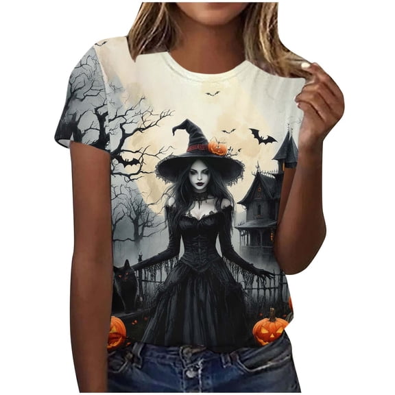 Witch Broom Cute Graphic T-Shirt for Women Crew Neck Short Sleeve Loose Casual Tops Fall Tees Multicolor M