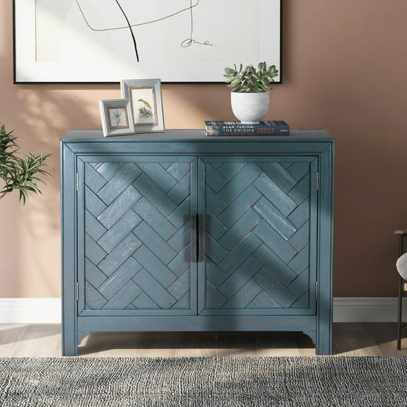 40'' Vintage Storage Cabinets with Unique Design Doors, 1 Adjustable Shelves, For Living Room, Study, Antique Blue