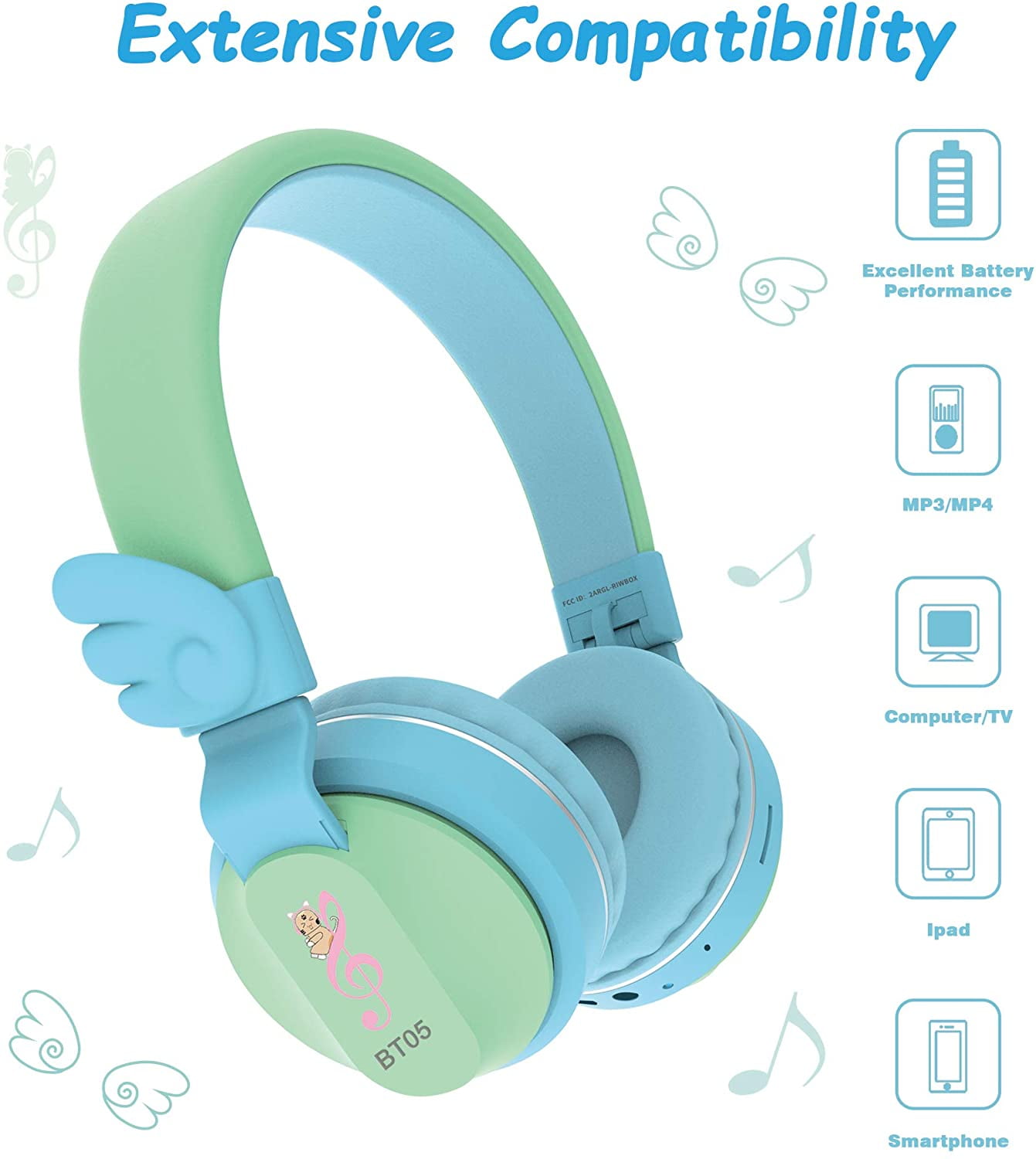 Riwbox BT05 Bluetooth Kids Headphones Wireless Foldable Headset Over Ear with Volume Limited and Mic/TF Card Compatible for iPad/iPhone/Tablet(Blue&Green)