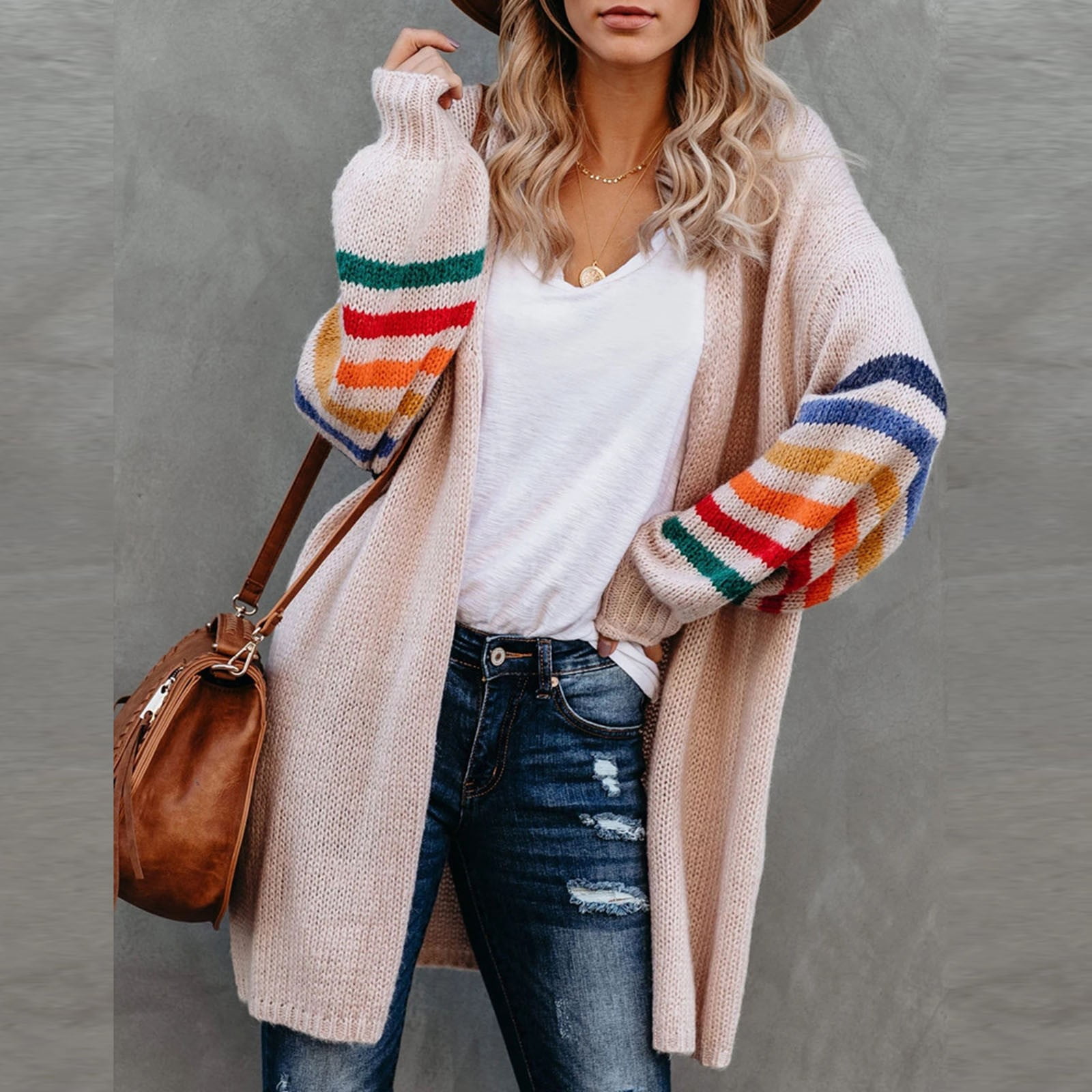 Skpblutn Women'S Cardigan Sweaters Winter Fall Casual Comfortable Tops Over Plus Size Warm Rainbow Stripe Print Open Front Fashion Outwear Neck Long Sleeve Knit Sweater Coats Pink L