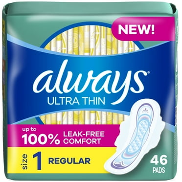 Always Ultra Thin Feminine Pads with Wings for Women, Size 1, Regular Absorbency, Unscented, 46 Count