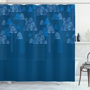 Blue Sky Shower Curtain, Repetitive Modern Clouds Dots Stripes Illustration, Fabric Bathroom Set with Hooks, 69W X 70L Inches, Dark Sky Blue Sea Blue and Violet Blue, by Ambesonne