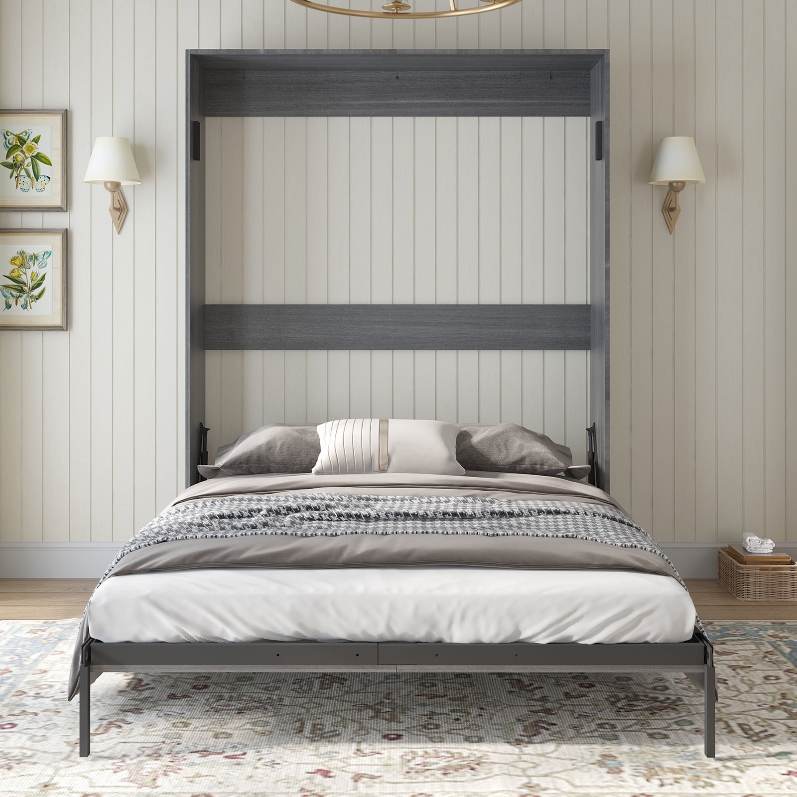 MUZZ Queen Murphy Bed with Upright Wardrobe, Space Saving Folding Murphy Wall Bed Cabinet for Bedroom /Apartment (Dark Grey/Style 11)
