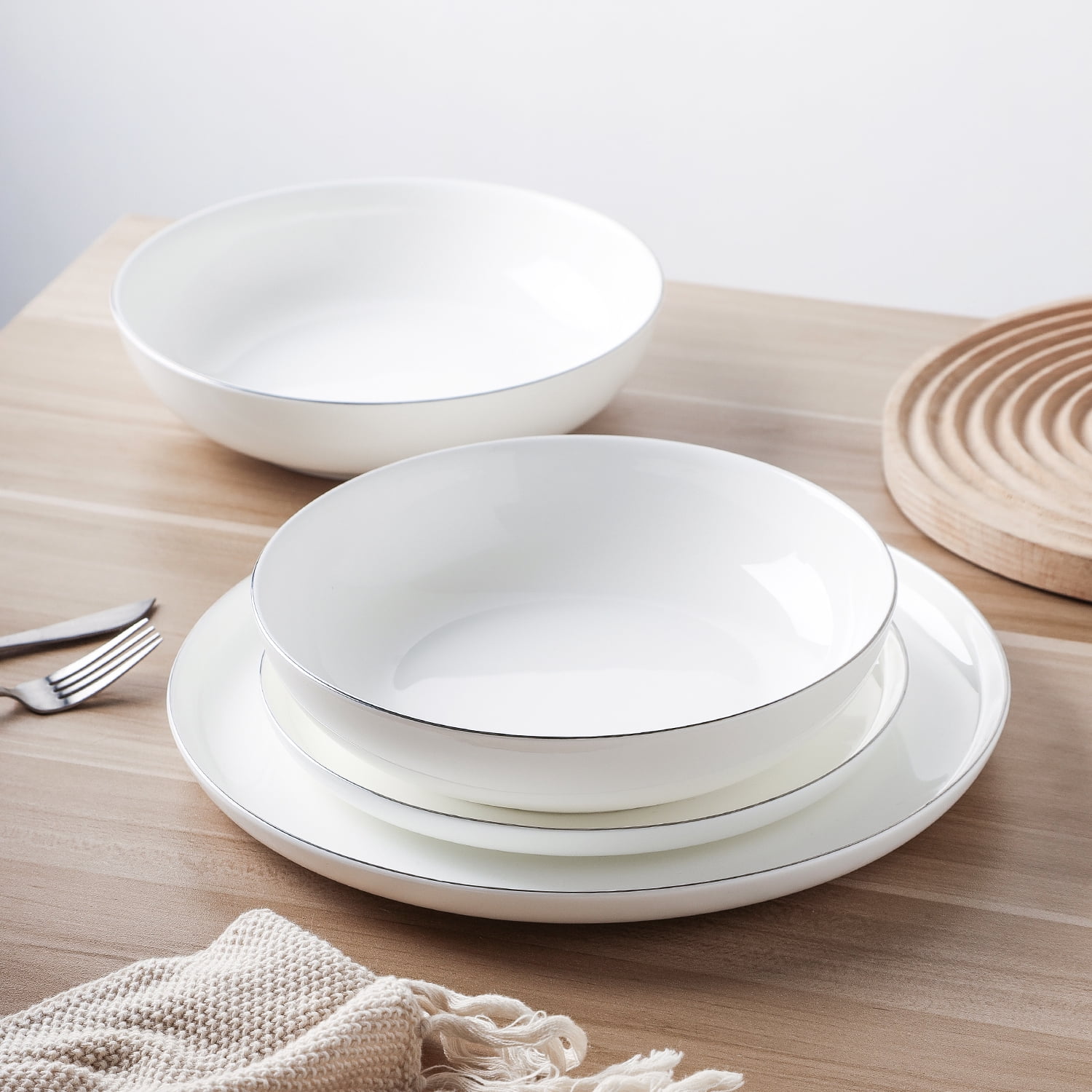 Stone Lain Gabrielle Formal Bone China Dinnerware Set for 4, White and Platinum