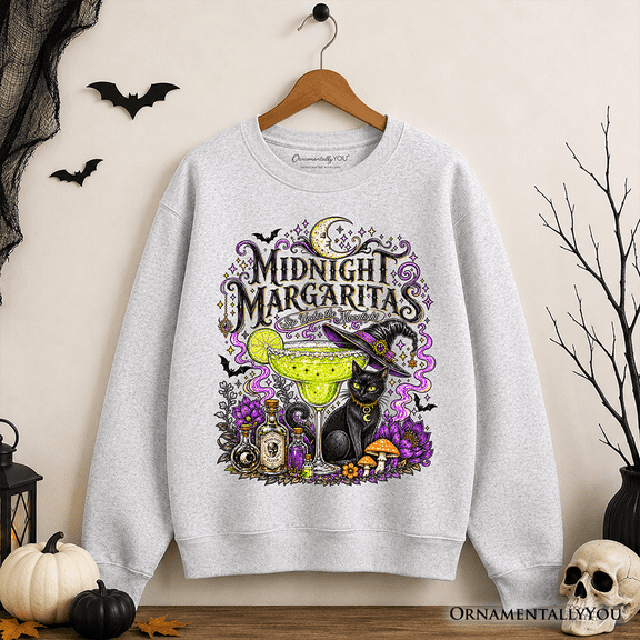 Midnight Margaritas Black Cat Halloween Sweatshirt, Witchy Cocktail Sweater for Spooky Season