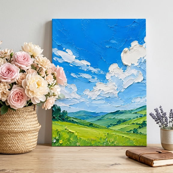 Rolling Green Hills Canvas Wall Art, Rustic Meadow Blue Cloud Sky Oil Painting Framed Picture Canvas Wall Art Print Decor Artwork Decorations for Living Room Bedroom Ready to Hang 16" x 12"