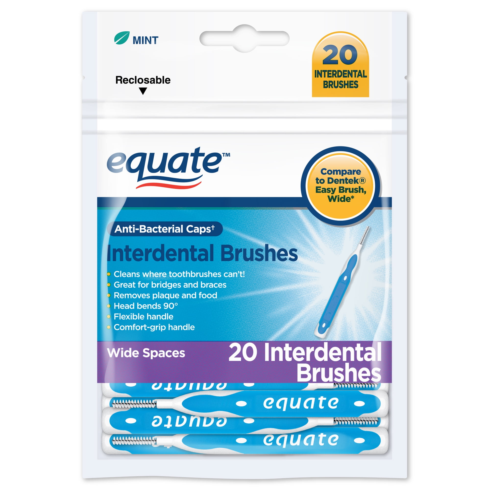 Equate Interdental Brushes, Mint, Wide, 20 Count