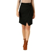 Allegra K Women's A-Line Front Slit Knee Length Wrap Faux Suede Skirt L Black