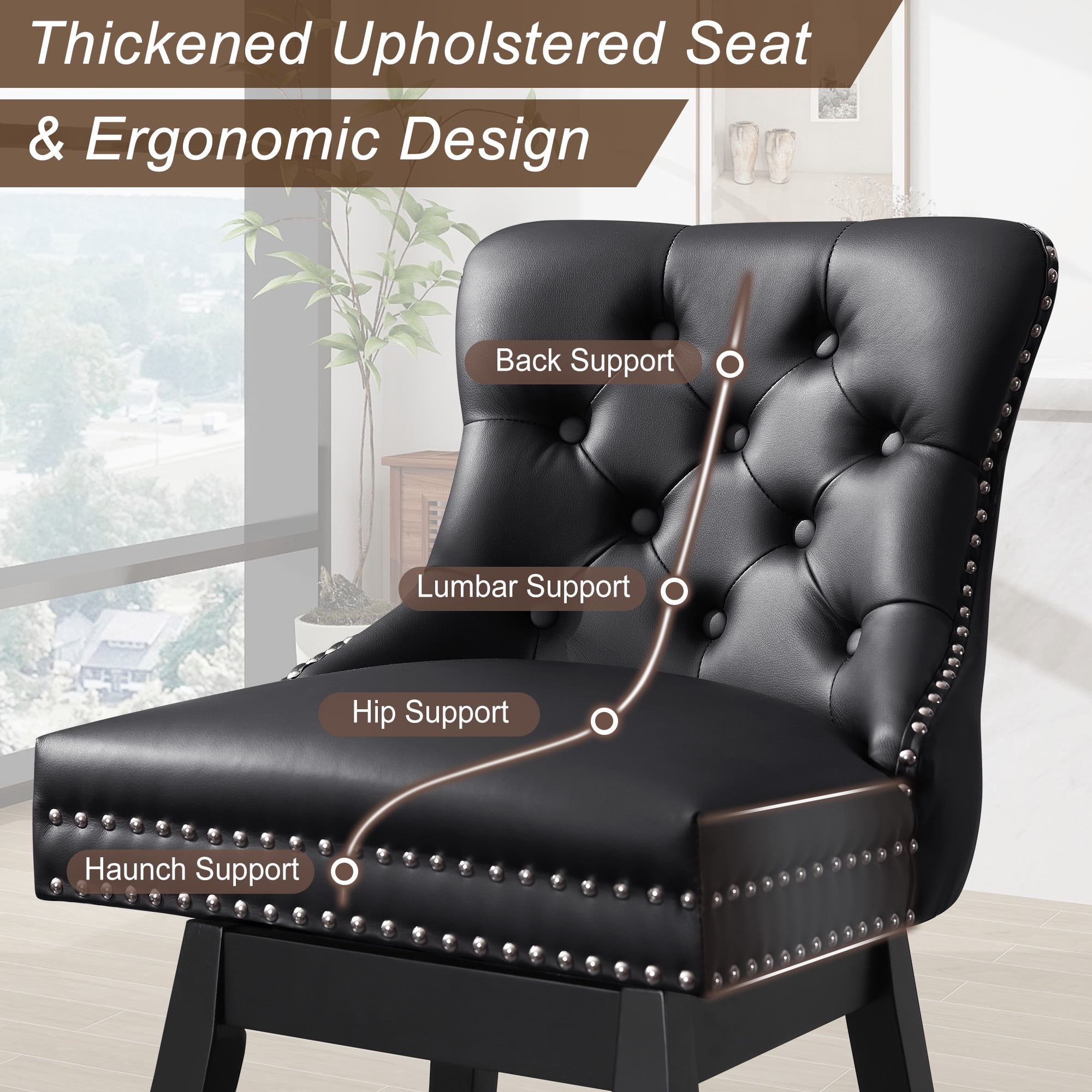 Fahomiss 26" Counter Height Swivel Bar Stools 1-pack, Faux Leather Kitchen Island Stools with Back, Black