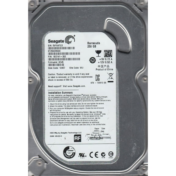 ST250DM000, 5VY, WU, PN 1BD141-302, FW KC45, Seagate 250GB SATA 3.5 Hard Drive