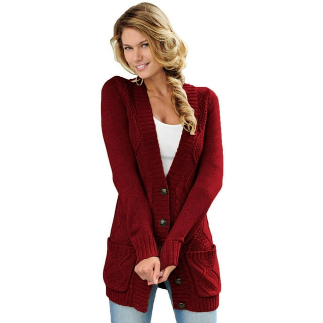 Women Black/Gray/Green/Red/Purple Front Pocket and Buttons Closure Cardigan
