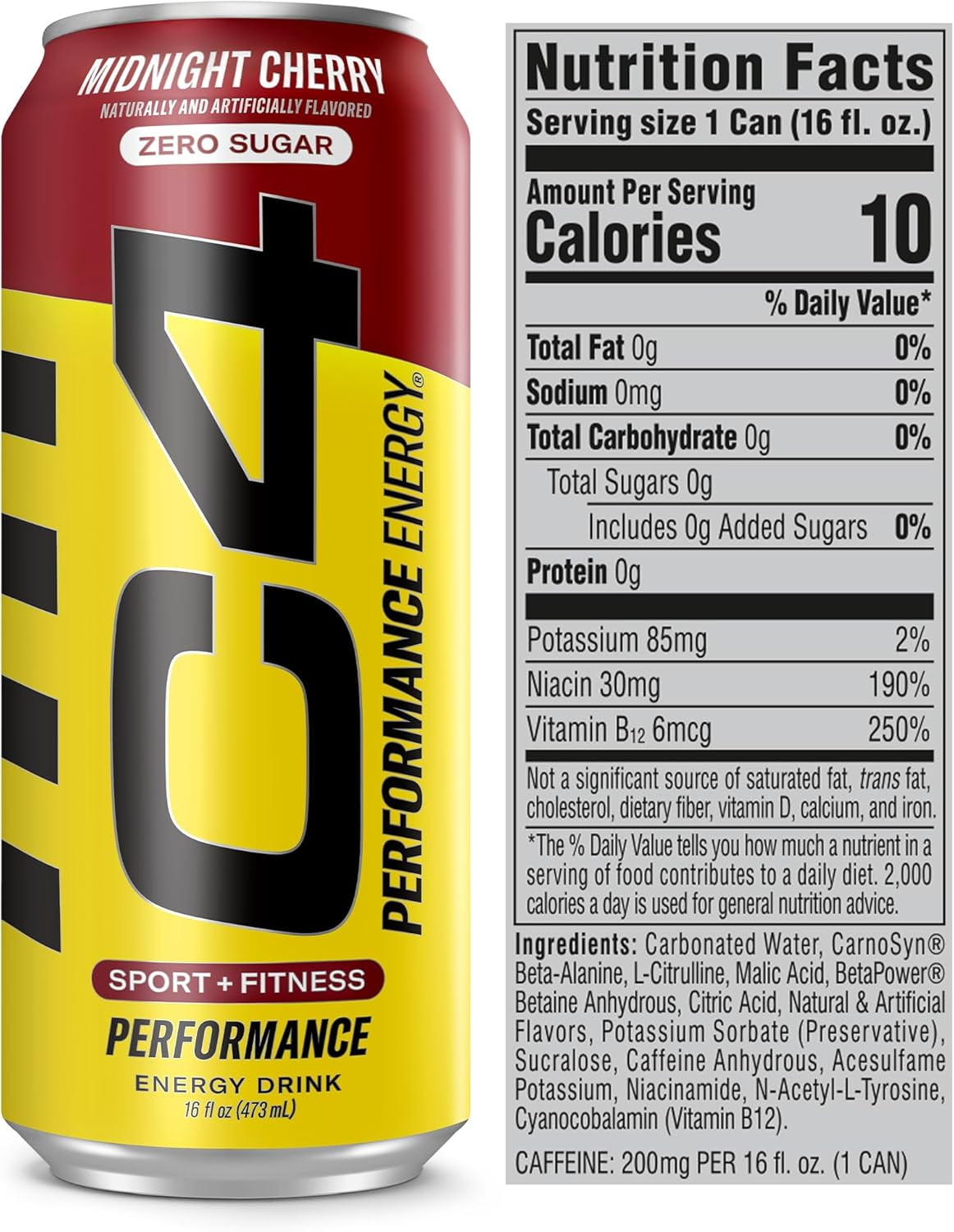 C4 Performance Energy Drink, Midnight Cherry, Zero Sugar, Carbonated, 16 fl oz Can (12 Pack)