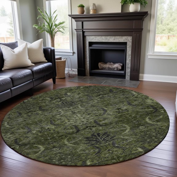 Addison Rugs Mayfield Premium Machine Washable Transitional Damask Olive Round Rug, 8' x 8'