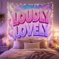 thumbnail image 2 of Loudly Lovely Text in Clouds and Stars Against Pastel Sky with Hearts Whimsical Celestial for Teen Girls Candy-Colored Aesthetic Decor Birthday Gift Tapestry Wall Hanging for Dorm and Bedroom, 2 of 7