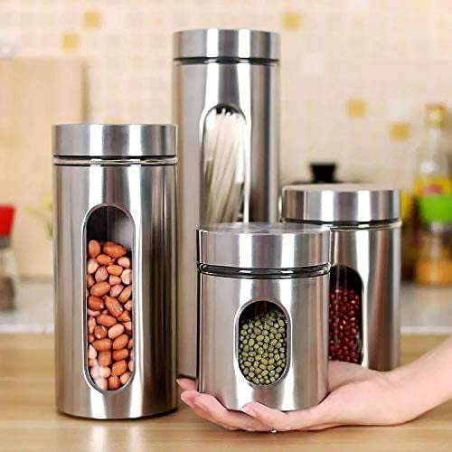 Leraze Quality 4pc Stainless Steel Canister Set for Kitchen Counter with Glass Window & Airtight Lids, Food Storage Containers, Pantry
