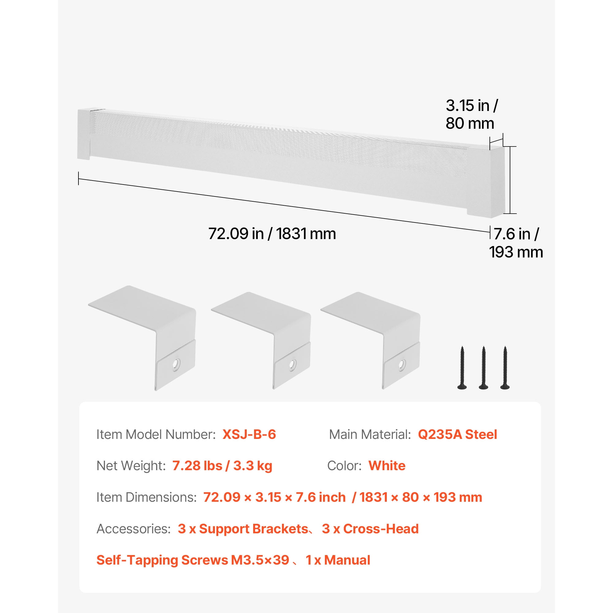 KFFKFF Baseboard Heater Cover Q235A Steel 72.09 x 3.15 x 7.6 inch White