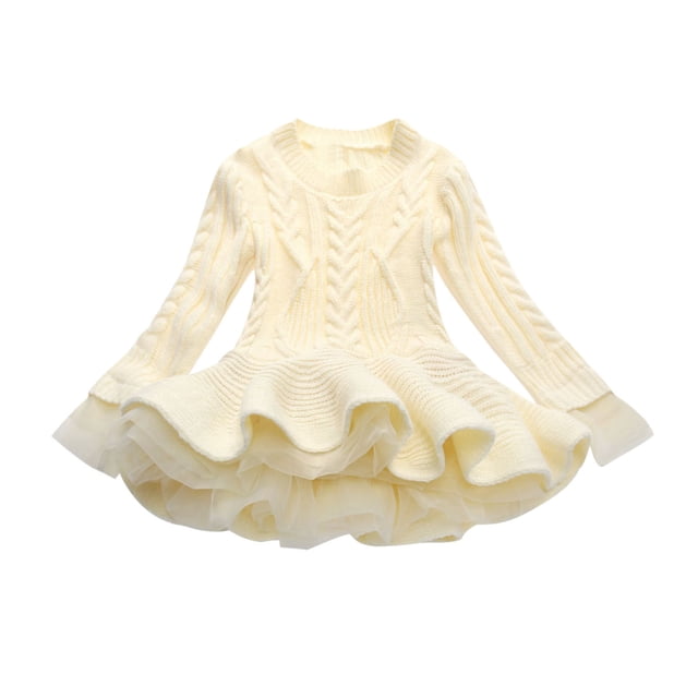 MeetoTime Vêtements pour Filles 2-11 Ans Couleur Unie Col Rond Manches Longues Robe Pull en Maille pour Fille