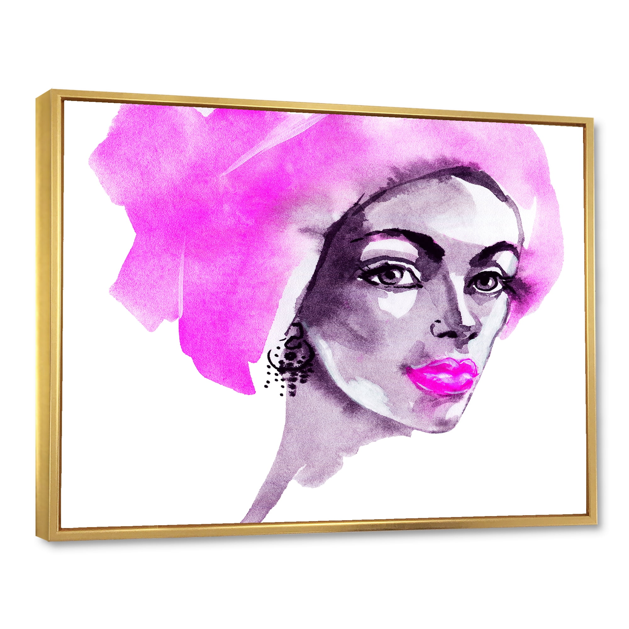Designart 'Afro American Pink Woman Fashion Portrait' Modern Framed Canvas Wall Art Print