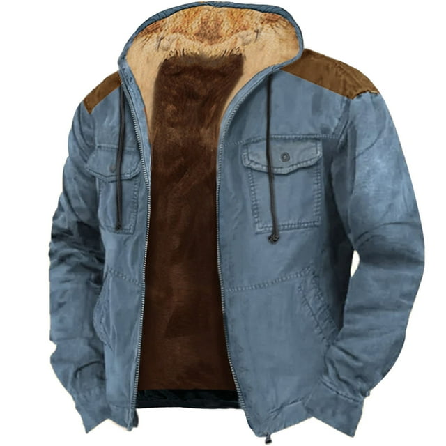 Blue Polyester Cover-Up Solid Men's Parkas, Solid Color Combination Hooded Sweater With Brown Pocket Cotton Jacket