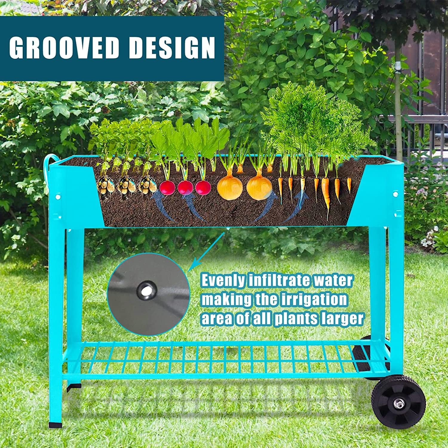 Aboxoo 40" x 11" x 31.5" Blue Steel Planter Box with Wheels