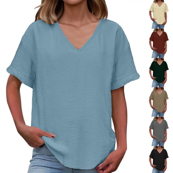 ZHYou Womens V Neck T Shirts Casual Short Sleeve Pullover Flowy Tops Cute Loose Fit Basic Tees,Blue,S